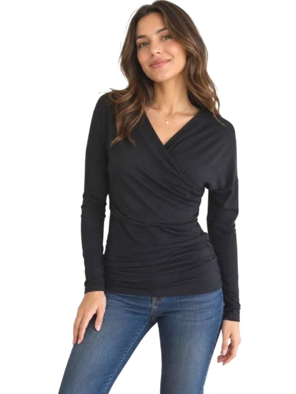 Marcella Black Faux Wrap V Neck Long Sleeve Jersey Knit Top Size Medium